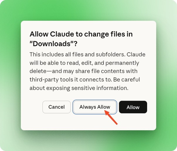 Claude Cowork folder permissions dialog for granting file access