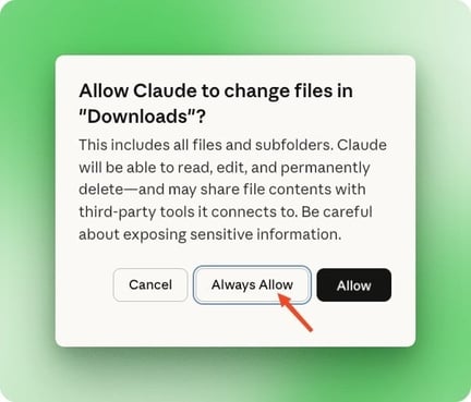 Finestra permessi cartella di Claude Cowork per concedere accesso ai file