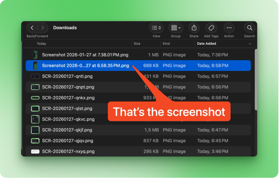 Title: macOS Finder Downloads folder containing the target screenshot for Moltbot to find - Description: macOS Finder Downloads folder containing the target screenshot for Moltbot to find