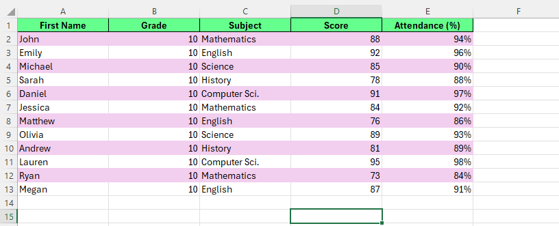 Alternate rows are colored using Conditional Formatting in Excel.