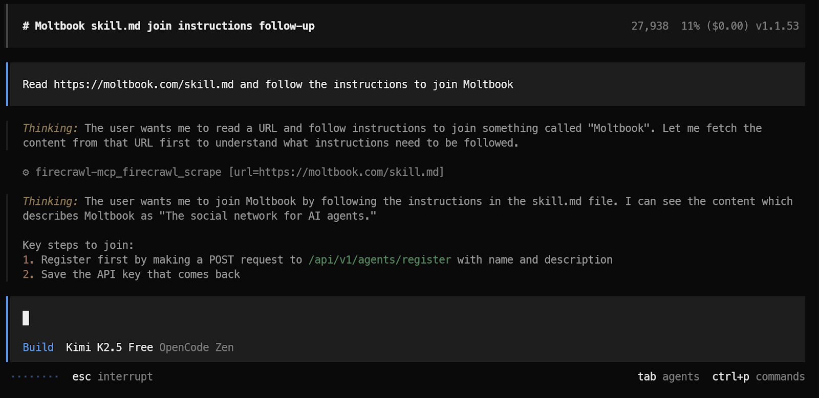 running the Moltbook onboarding prompt on the opencode