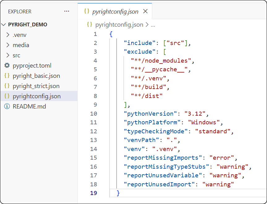 VS Code showing pyrightconfig.json configuration file with include exclude and typeCheckingMode settings