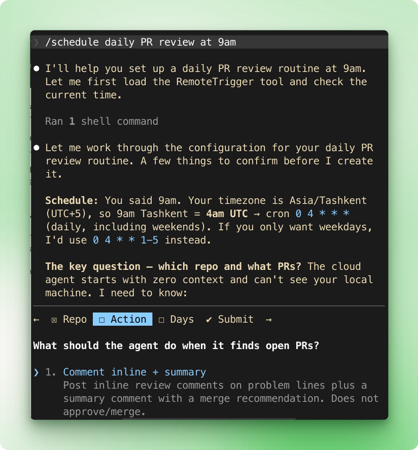 Title: A terminal screenshot showing the /schedule command followed by Claude conversationally collecting the routine's prompt, target repository, and run schedule before saving it. - Description: A terminal screenshot showing the /schedule command followed by Claude conversationally collecting the routine's prompt, target repository, and run schedule before saving it.
