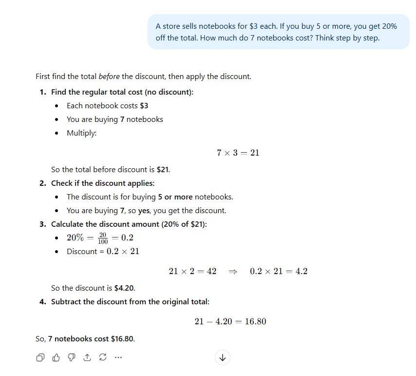 Exemple de chaîne de pensée chatGPT illustrant le processus de calcul étape par étape pour un problème de prix réduit.