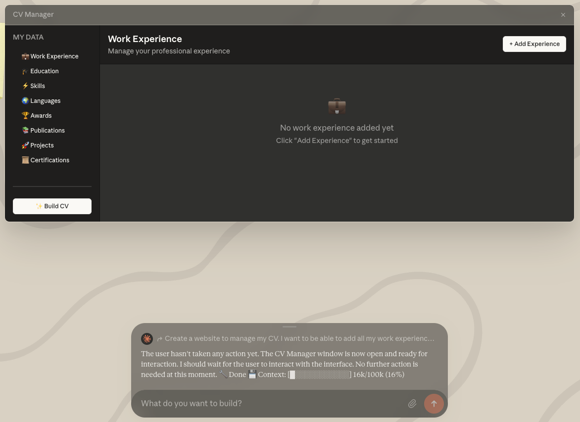 Screenshot of the "new" interface of the CV manager app.
