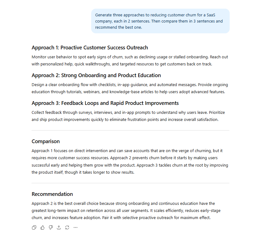 Exemple de cohérence interne de chatGPT présentant trois stratégies de réduction du taux de désabonnement des clients avec analyse comparative.