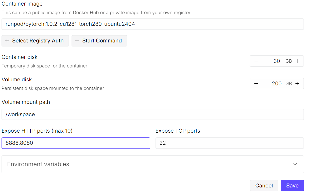 Setting up runpod container