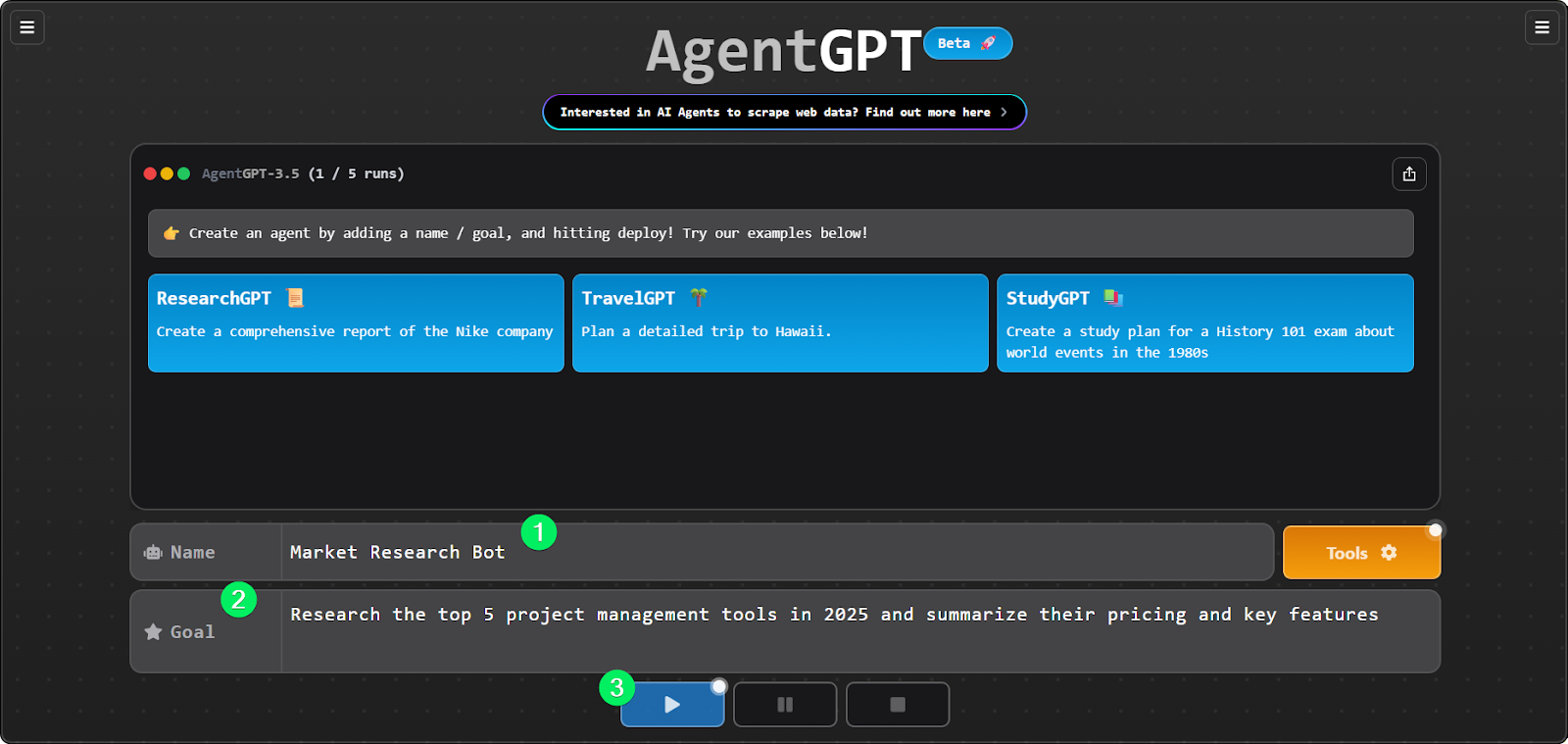 AgentGPT interface showing the Create New Agent form with Market Research Bot name and goal filled in