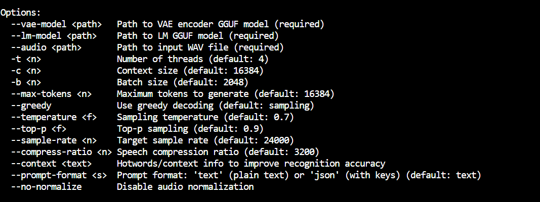 VibeASR.cpp help menu