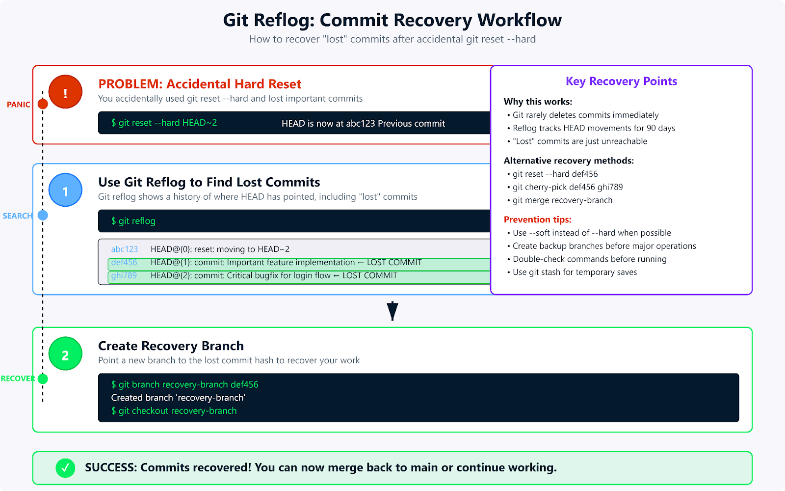 Saída do terminal Git reflog mostrando o fluxo de trabalho de recuperação de commit com pontos de recuperação destacados