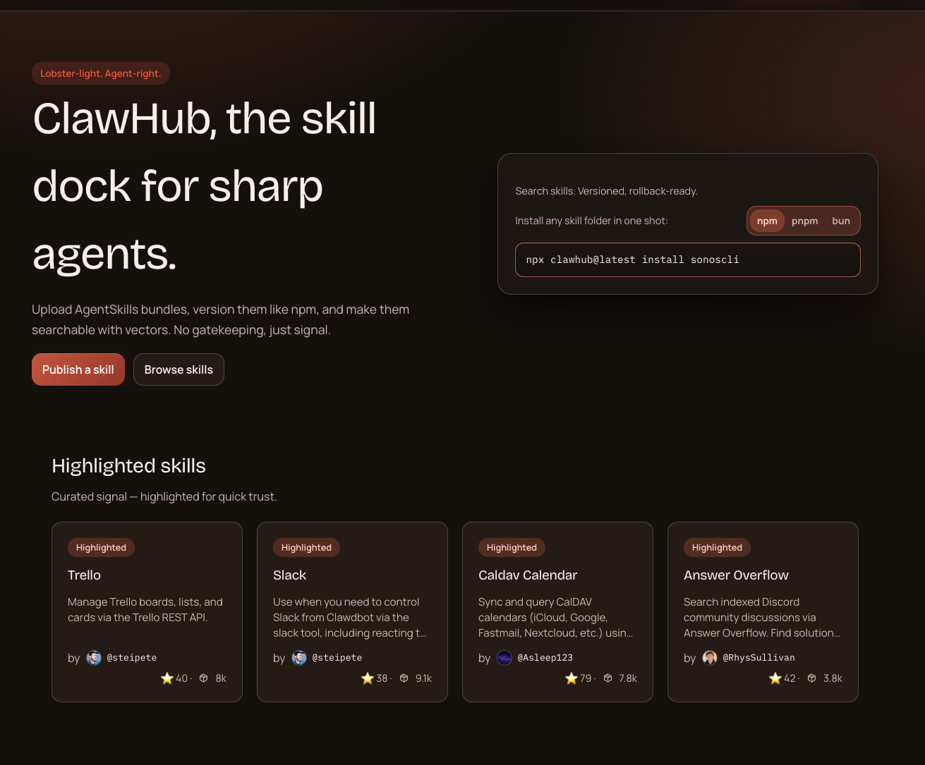 ClawHub, the skill dock for sharp agents.
