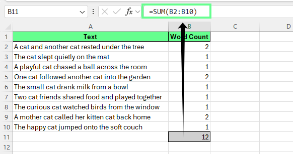 Counting word of the entire column in Excel.