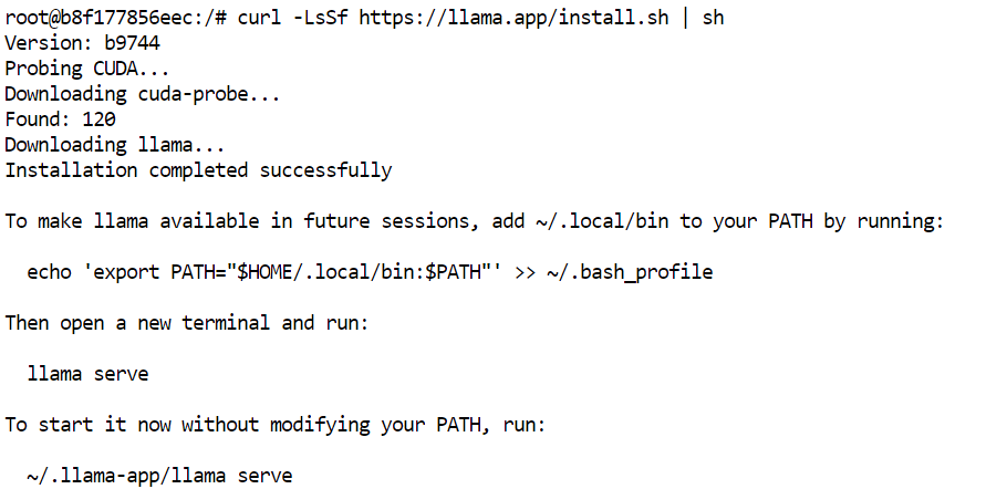 llama.cpp installed using the CURL command.