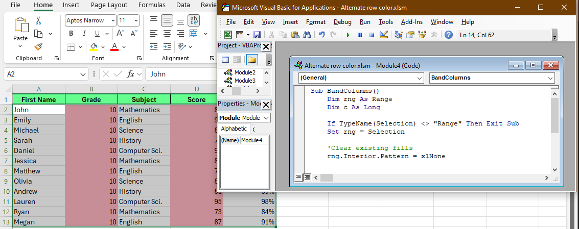 Color alternate columns using the VBA editor