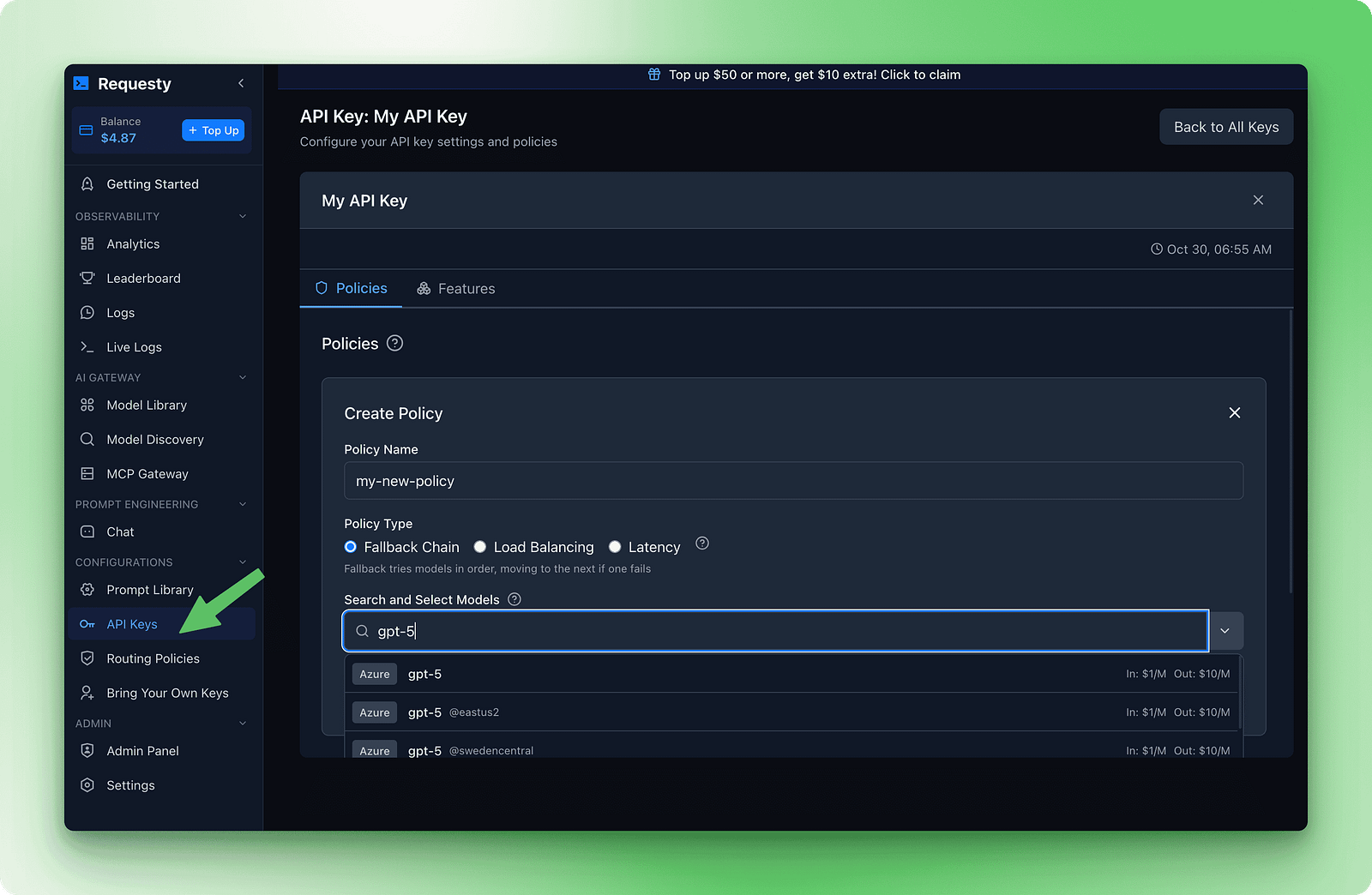 Screenshot of the Requesty dashboard interface showing failover policy configuration form