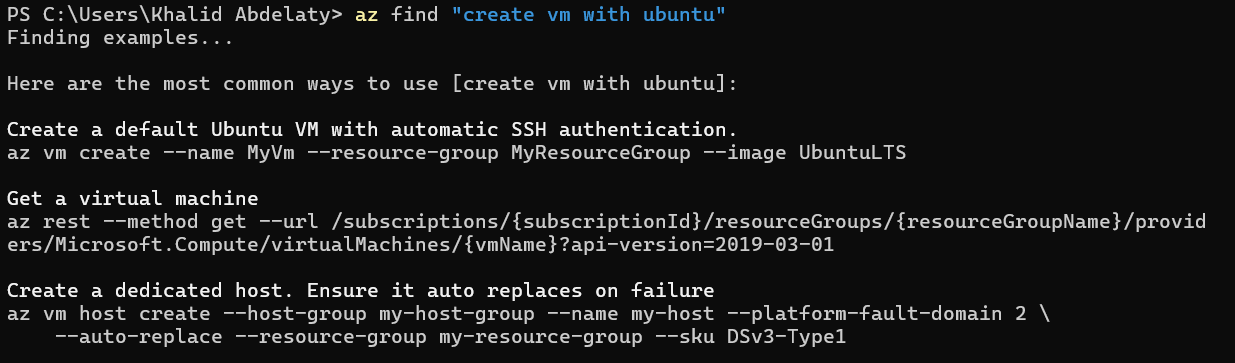 A terminal screenshot showing the helpful output of the 'az find' command, which provides relevant command suggestions and examples for creating a VM.