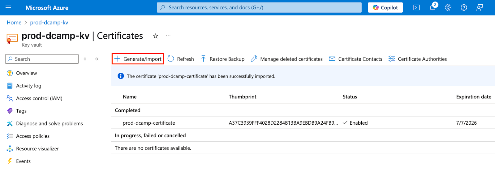 Screenshot of the Certificates page in Azure Key Vault. The “+ Generate/Import” button is highlighted at the top, ready to create a new certificate.