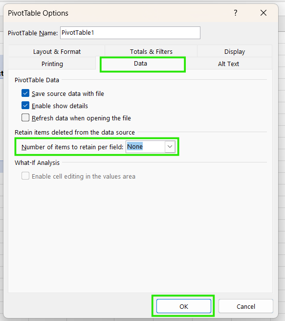 Clear PivotTable Cache in Excel