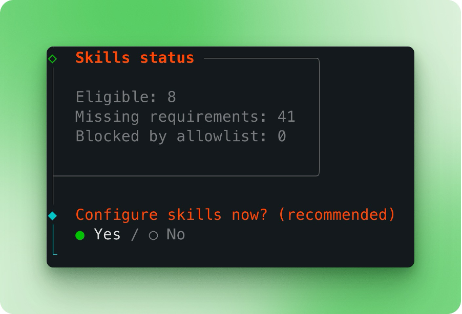 Title: Moltbot onboarding wizard skills configuration prompt - Description: Moltbot onboarding wizard skills configuration prompt