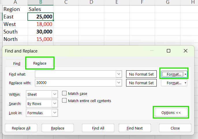 Format option in Replace feature in Excel