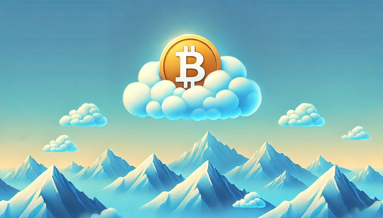 bitcoin floating on a cloud above the mountains