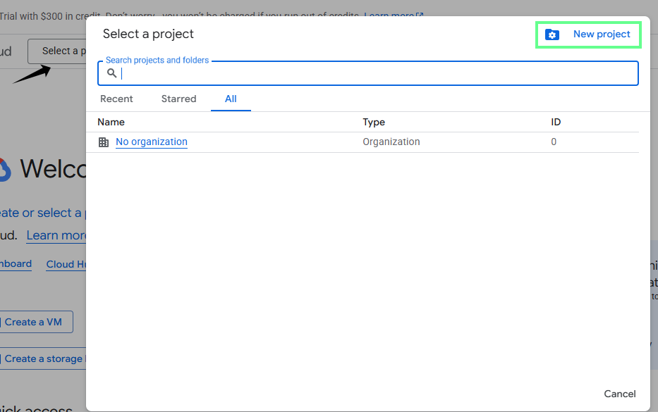 Creating a new project in Google Console