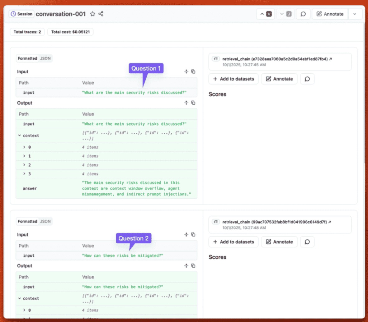 LangFuse session detail view showing two related traces with questions about security risks and mitigation strategies
