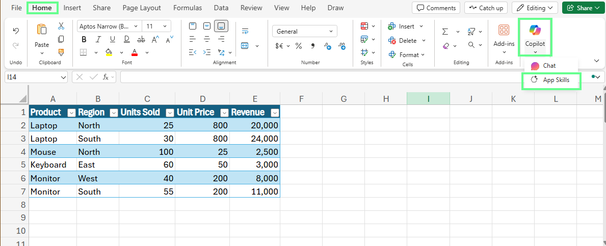 Locate the Copilot icon in Excel