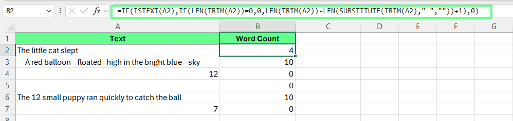 Use ISTEXT to handle numbers in cells when counting words in Excel.