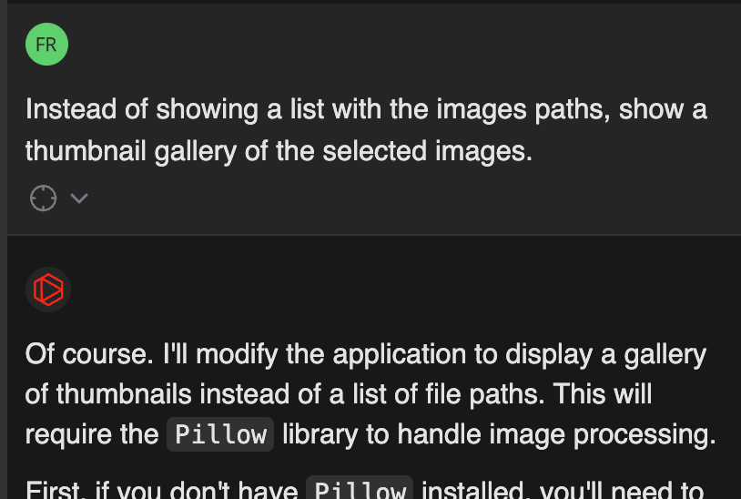 Prompt da interface de codificação sugerindo a exibição de miniaturas em vez de caminhos de imagem com solução de código envolvendo a biblioteca Pillow para processamento de imagens.