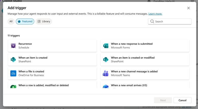 Microsoft Copilot Agent add trigger