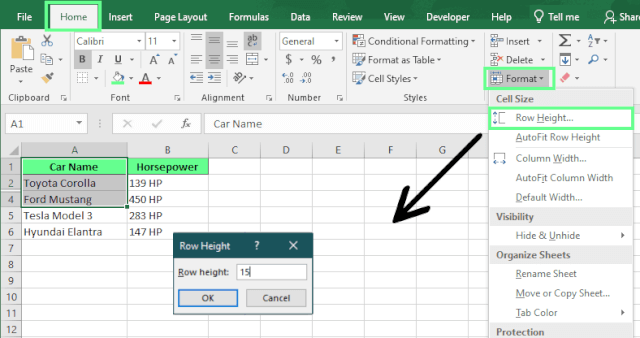 Ajustar la altura de las filas para mostrar las filas ocultas en Excel.