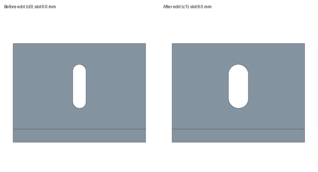 Front views of Kimi's bracket before and after the edit, with the slot widened from 6.0 mm to 9.0 mm