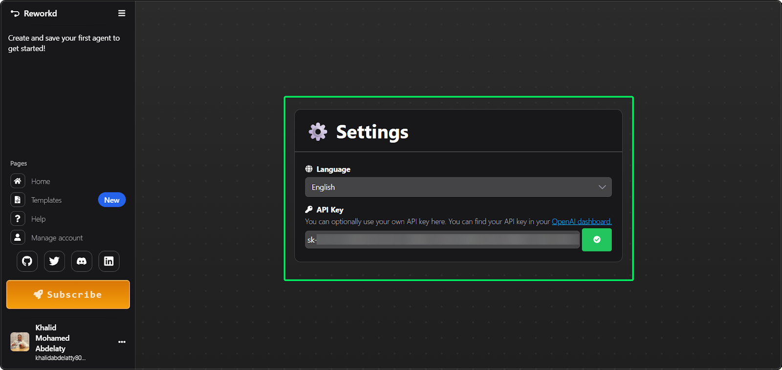 Screenshot showing AgentGPT's settings panel for API keys