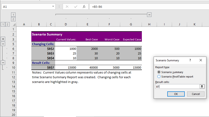 Generate a scenario summary report in What-If Analysis in Excel.