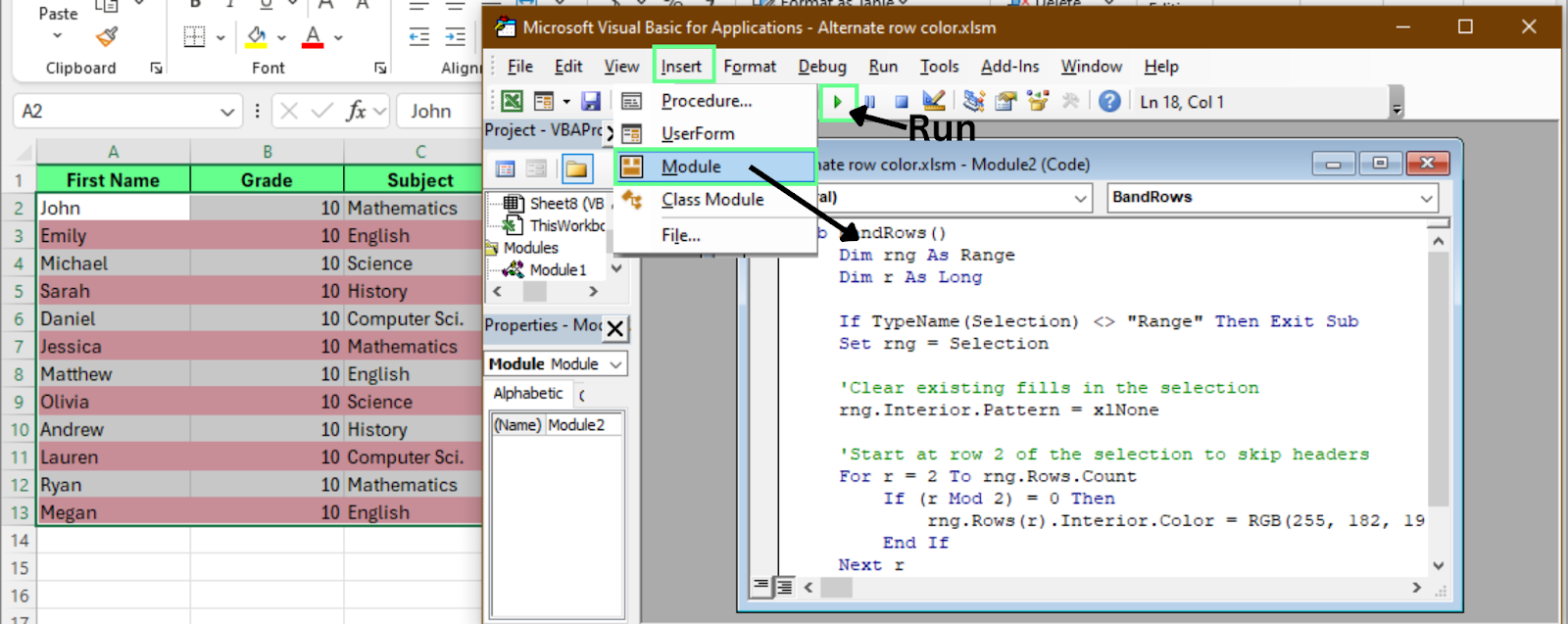 Using VBA editor to color the alternate rows in Excel.