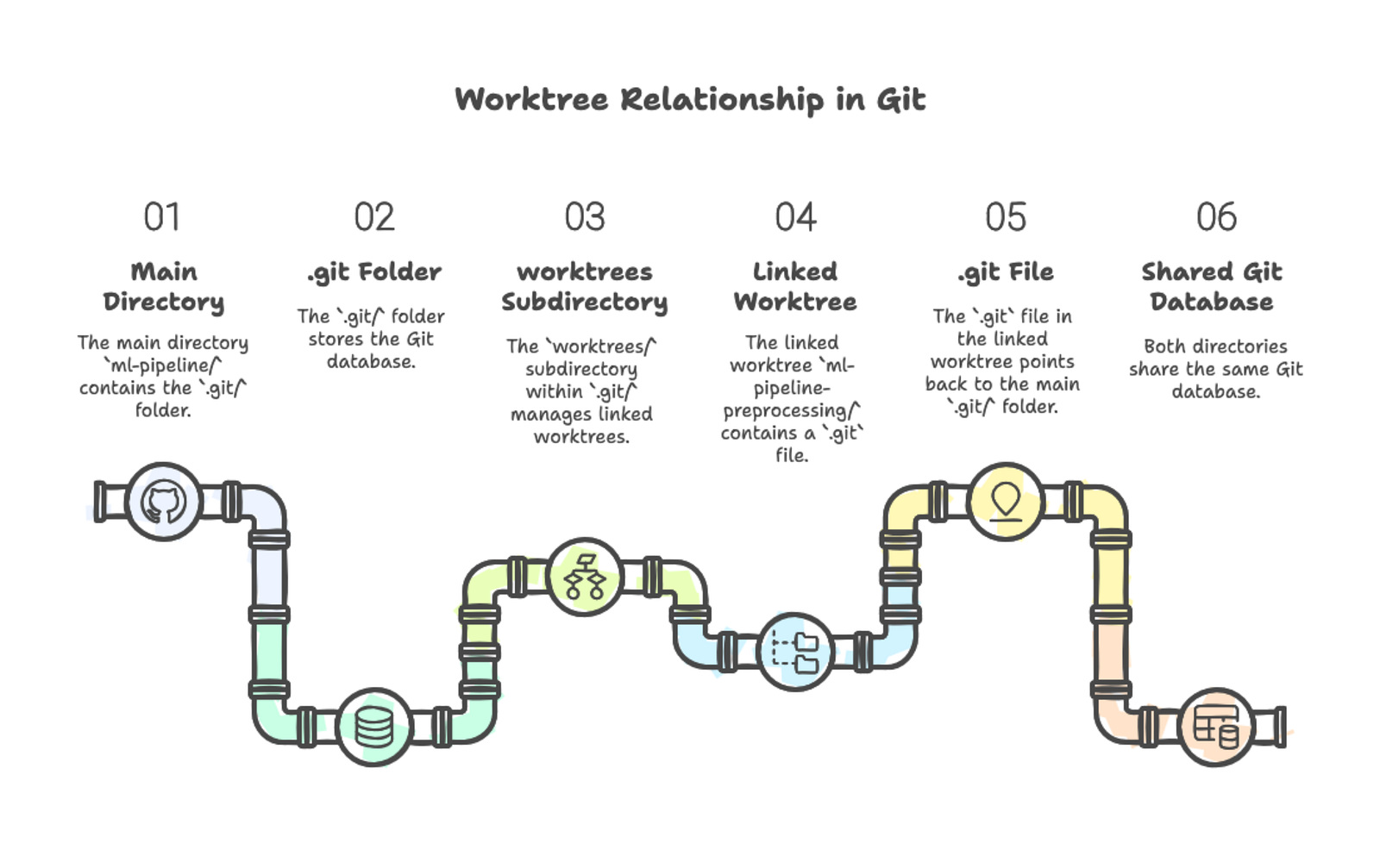 IMAGE PLACEHOLDER: Filesystem diagram showing the relationship between worktrees. Main directory ml-pipeline/ contains .git/ folder with worktrees/ subdirectory. Linked worktree ml-pipeline-preprocessing/ contains .git file (not folder) with arrow pointing back to main .git/. Both directories show their respective files (README.md, train.py) but share the same Git database.