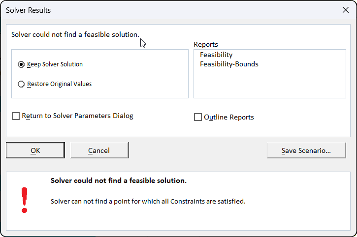 Solver dialog showing infeasible solution error