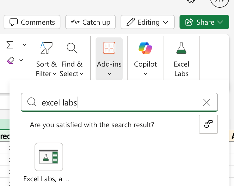 Instala el complemento Excel Labs para el modo agente en Excel.