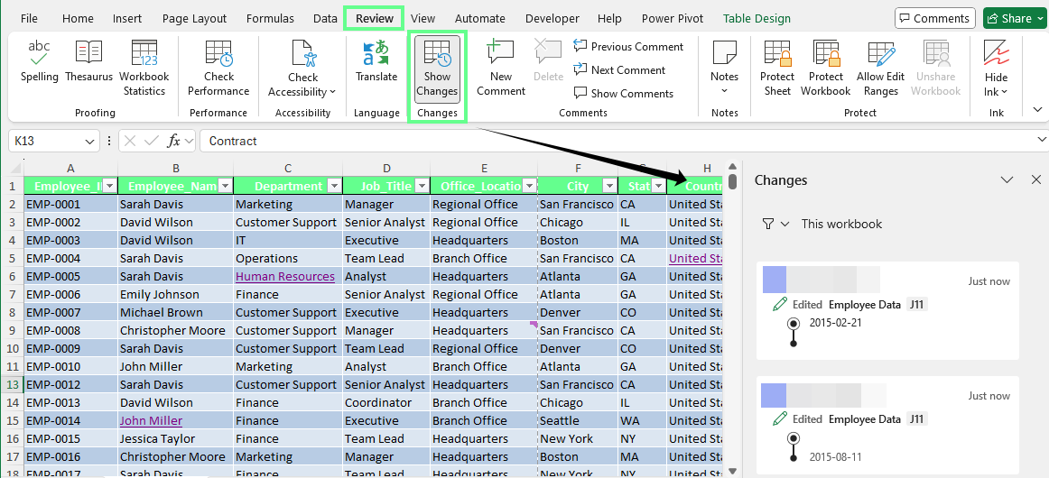 Checking the edit history in Excel.