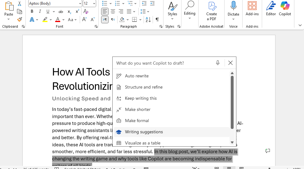 Edit the already generated draft with Copilot in Word