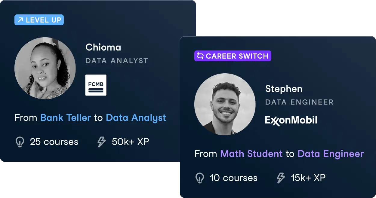 Chioma (FCMB) e Stephen (ExxonMobil) se formaram engenheiros de dados por meio de cursos on-line, ganhando mais de 50 mil e 15 mil XP, respectivamente.