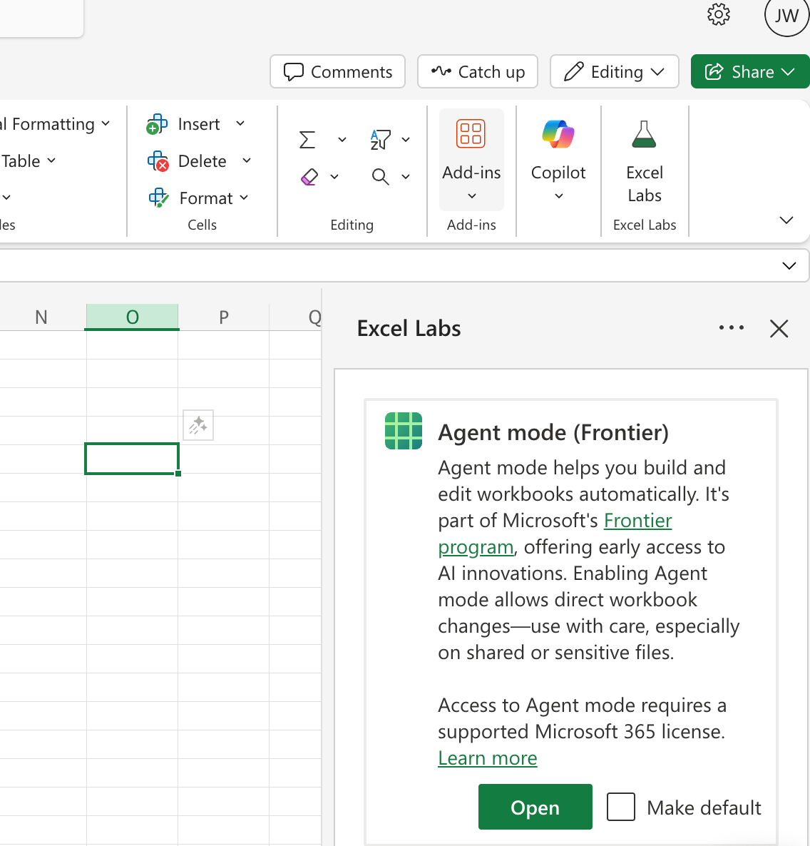Complemento de Excel Labs y modo agente como parte del programa Frontier