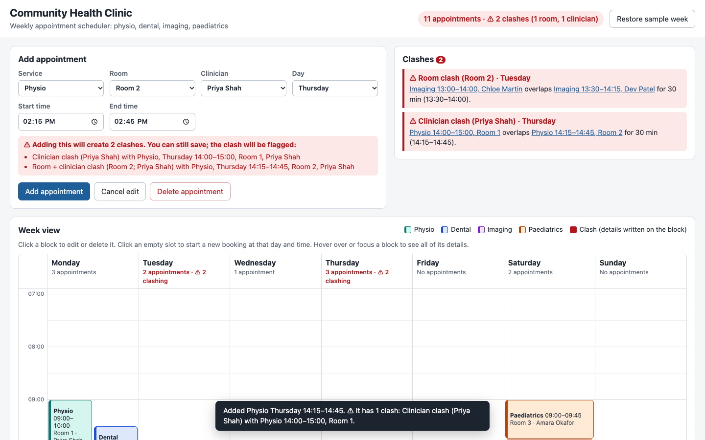 Claude Opus 5.5's clinic scheduler after the same checks, with a clash panel listing the remaining room clash and the new clinician clash