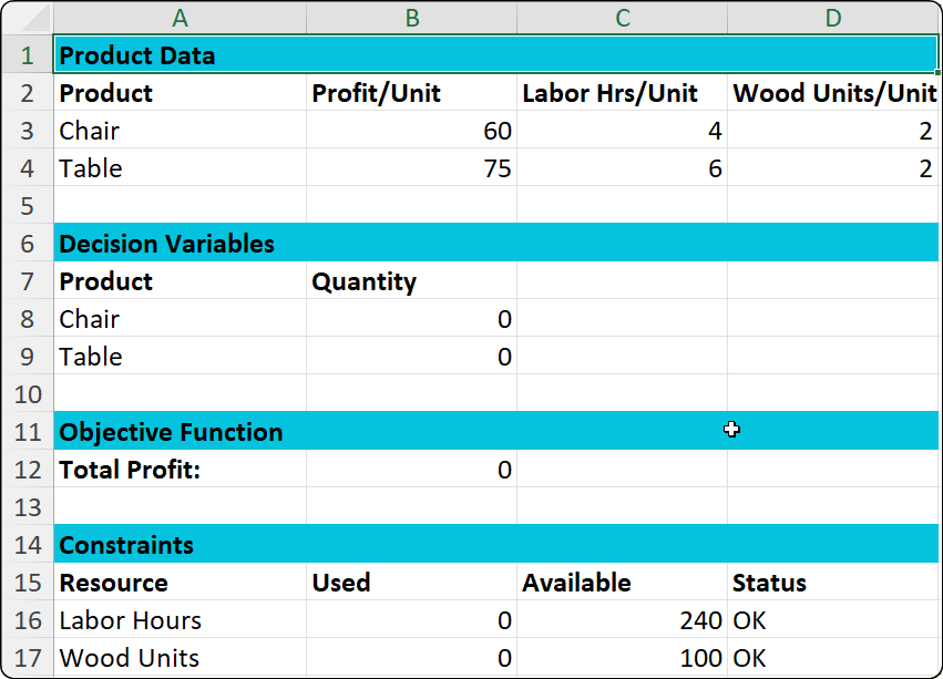 excel solver spreadsheet setup