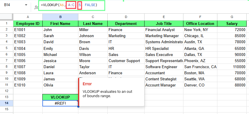 Wrong range throws an error in VLOOKUP Google Sheets