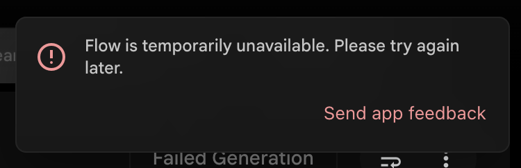 Screenshot showing the error encountered while generating videos with Veo 3.1 on Google's Flow app.