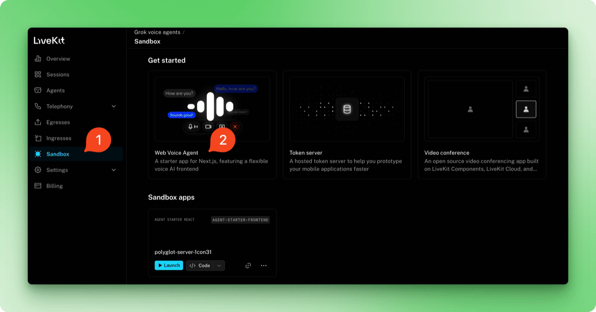 LiveKit Cloud dashboard showing Sandbox tab and Web Voice Agent template selection