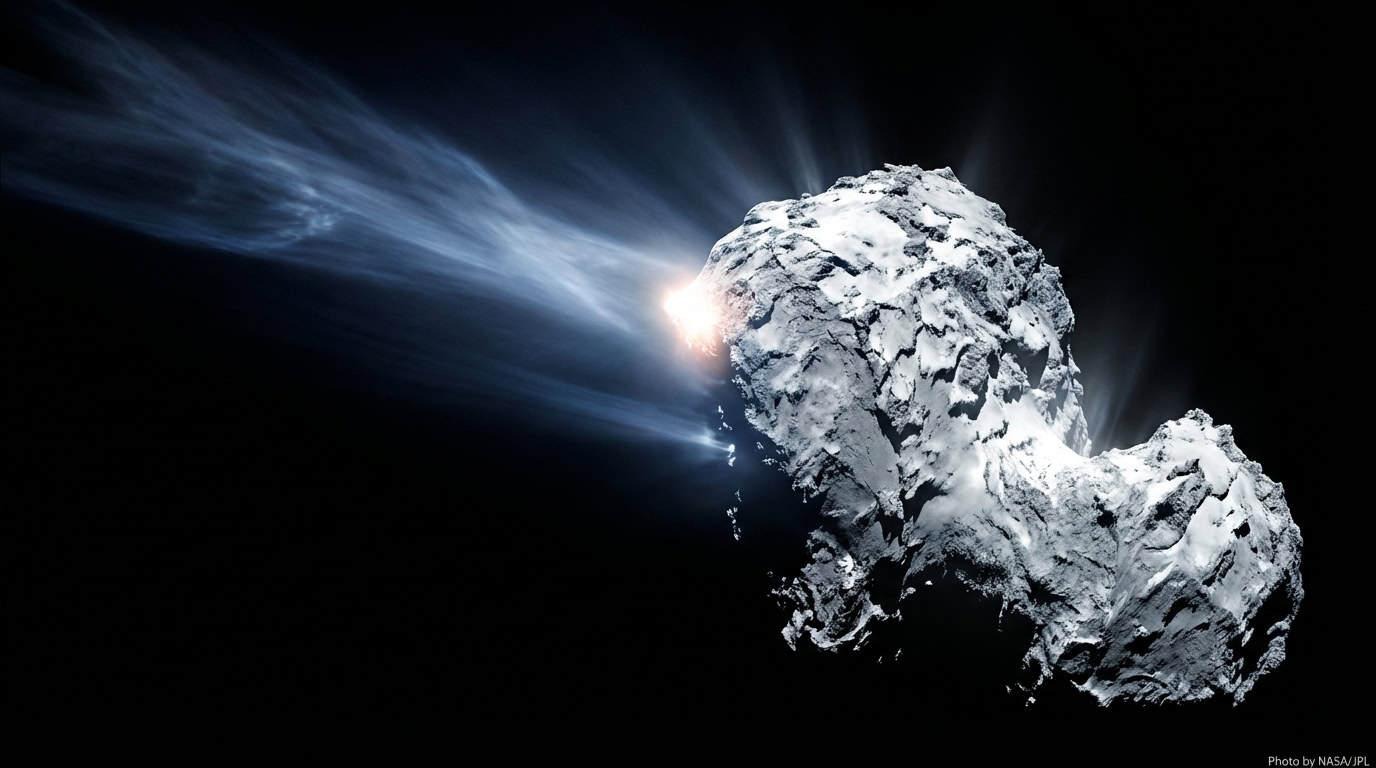 Cometa con nucleo luminoso e lunga coda ionica generata da Nano Banana Pro per fusione multi-immagine