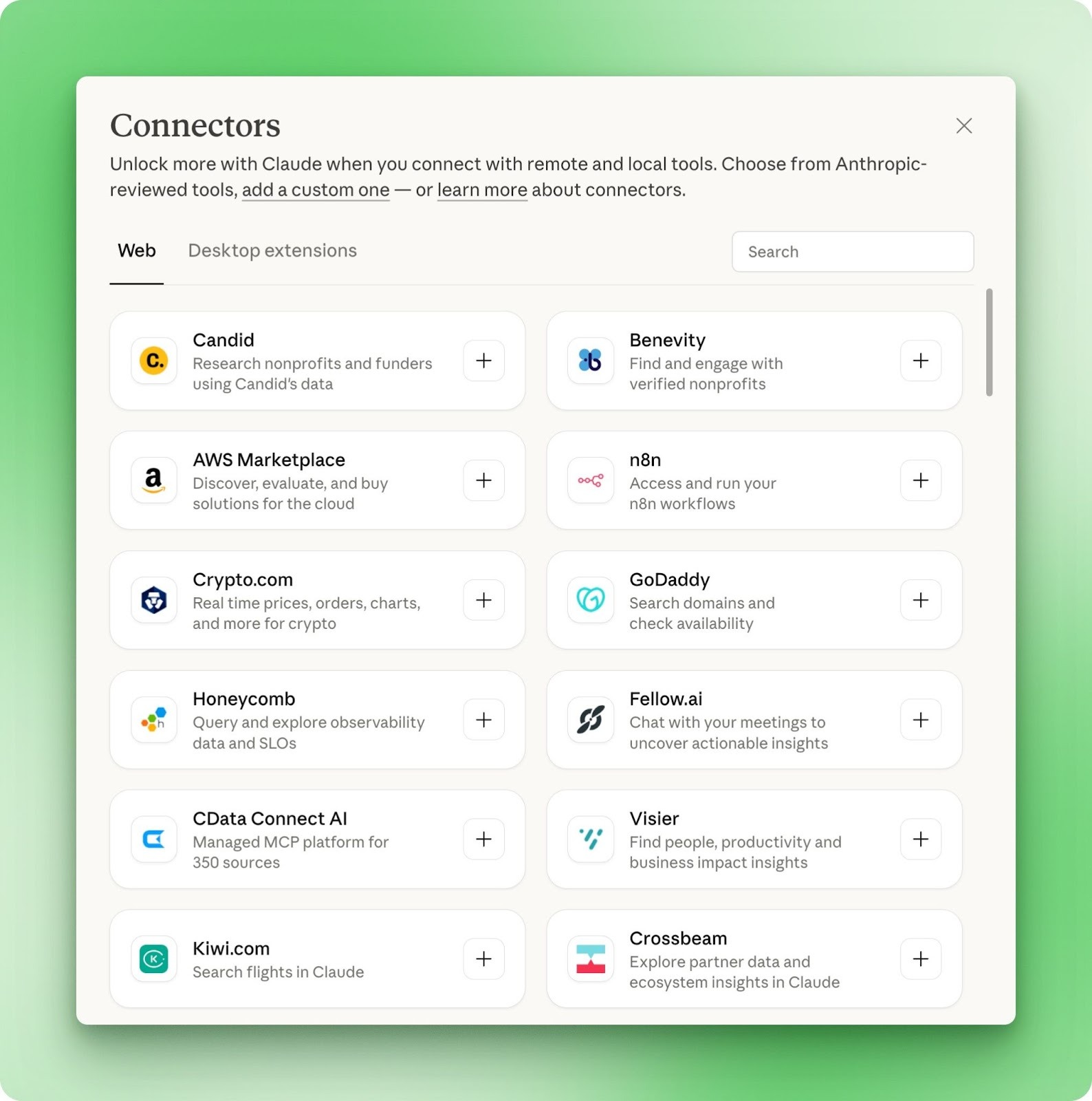 Claude Cowork connectors browser showing available Web and Desktop extension integrations